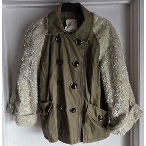 Anthro Hei Hei Jacket Women L Olive Green Cotton Collared Long Sequined Sleeve